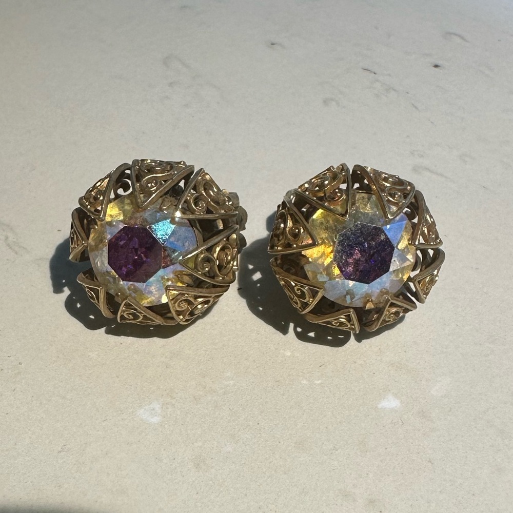 RARE VTG Judy Lee Aurora Borealis Clip On Earrings Gold Tone Filigree Rhinestone